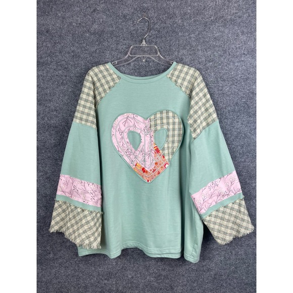 Unbranded Tops - Patchwork Heart Top Women's 2XL Green Excellent Peace Sign Boho Plaid